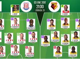 Alineaciones de Stoke y Watford para el encuentro de la jornada 20 de la Premier League 2016-17. BeSoccer