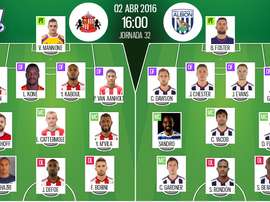 Alineaciones de Sunderland y West Bromwich Albion en Jornada 32 de Premier 15-16. BeSoccer
