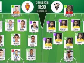 Alineaciones de Zaragoza y Albacete para el partido correspondiente a la jornada 29 de Segunda División 2015-16. BeSoccer
