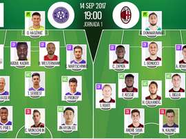 As escalações do Austria Viena e do Milan, respetivamente, para este jogo da Europa League. BS