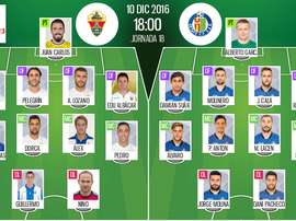 Alineaciones del Elche-Getafe correspondiente a la jornada 18 de Segunda 2016-17. BeSoccer