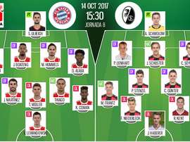Escalações oficiais de Bayern Munique e Freiburg, respetivamente. BeSoccer