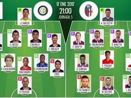 Alineaciones del encuentro de Coppa Italia Inter-Bologna, pertenecientes a enero de 2017. BeSoccer