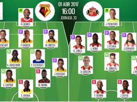 Alineaciones del encuentro de Premier League Watford-Sunderland, abril de 2017. BeSoccer