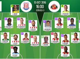 Alineaciones del encuentro de Premier Stoke-Sunderland, pertenecientes a octubre de 2016. BeSoccer