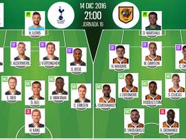 Alineaciones del encuentro de Premier Tottenham-Hull City, perteneciente a diciembre de 2016. BeSoccer