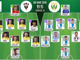 Alineaciones del encuentro del Albacete-Leganés, perteneciente a la jornada 28 de la Liga Adelante.
