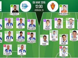 Alineaciones del encuentro de Segunda Alavés-Zaragoza, pertenecientes a marzo, 2016. BeSoccer