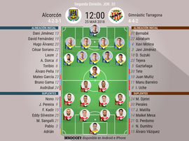 Alineaciones del encuentro de Segunda División Alcorcón-Nàstic, marzo de 2018. BeSoccer