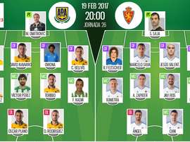 Alineaciones del encuentro de Segunda División Alcorcón-Zaragoza, febrero de 2017. BeSoccer