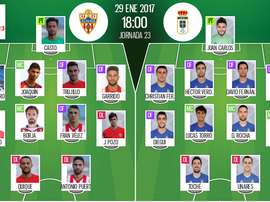 Alineaciones del encuentro de Segunda División Almería-Oviedo, enero de 2017. BeSoccer