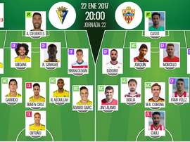 Alineaciones del encuentro de Segunda División Cádiz-Almería, pertenecientes a enero de 2017. BeSoccer