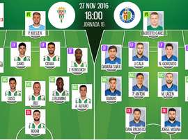 Alineaciones del encuentro de Segunda División Córdoba-Getafe, perteneciente a noviembre de 2016. BeSoccer