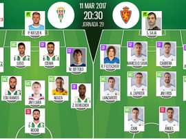 Alineaciones del encuentro de Segunda División Córdoba-Zaragoza, marzo de 2017. BeSoccer
