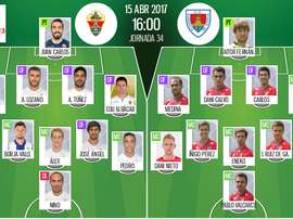 Alineaciones del encuentro de Segunda División Elche-Numancia, abril de 2017. BeSoccer