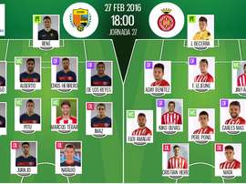 Alineaciones del encuentro de Segunda División Llagostera-Girona, pertenecientes a febrero de 2016.