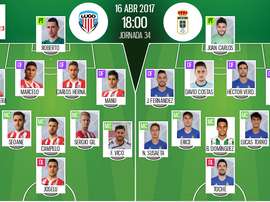 Alineaciones del encuentro de Segunda División Lugo-Oviedo, abril de 2017. BeSoccer