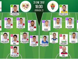 Alineaciones del encuentro de Segunda División Rayo-Elche, pertenecientes a enero de 2017. BeSoccer