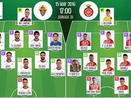 Alineaciones del encuentro de Segunda Elche-Girona, pertenecientes a mayo, 2016. BeSoccer