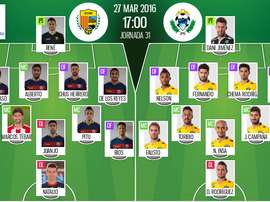 Alineaciones del encuentro de Segunda Llagostera-Alcorcón, pertenecientes a marzo, 2016. BeSoccer