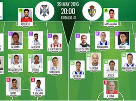 Alineaciones del encuentro de Segunda Tenerife-Ponfe, pertenecientes a mayo, 2016. BeSoccer