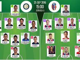 Alineaciones del encuentro de Serie A Inter-Bologna, pertenecientes a septiembre de 2016. BeSoccer