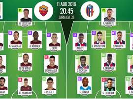 Alineaciones del encuentro de Serie A Roma-Bologna, pertenecientes a abril, 2016. BeSoccer