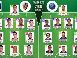 Alineaciones del Lorient y el PSG para el enfrentamiento de semifinales de la Copa de Francia 2015-16.BeSoccer