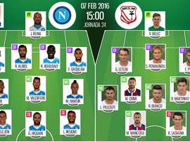 Alineaciones del Nápoles-Carpi del 7 de febrero de 2016 pertenecientes a la Serie A. BeSoccer