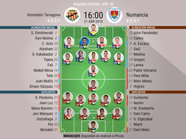 Alineaciones del Nàstic-Numancia correspondientes a la Jornada 36 de Segunda 2017-18. BeSoccer