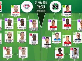 As escalações de RB Leipzig e Hannover 96, respetivamente, para esta partida da Bundesliga. BeSoccer