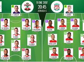 Alineaciones del Southampton-Liverpool correspondiente a la EFL Cup 2016-17. BeSoccer