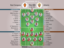 Alineaciones del Zaragoza-Almería correspondientes a la Jornada 36 de Segunda 2017-18. BeSoccer