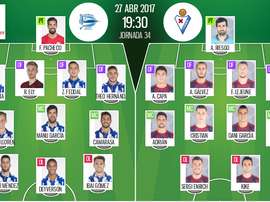 Alineaciones oficiales del Alavés-Eibar de la jornada 34 de Primera 2016-17. BeSoccer