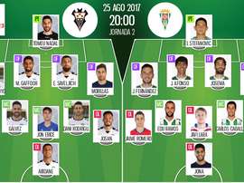 Alineaciones oficiales del Albacete-Córdoba de la jornada 2 de Segunda División 2017-18. BeSoccer