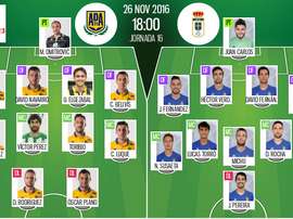 Alineaciones oficiales del Alcorcón-Oviedo de la jornada 16 de la Segunda División 2016-17. BeSoccer