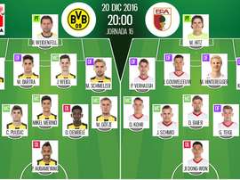 Alineaciones oficiales del Borussia Dortmund-Augsburgo de la Jornada 16 de la Bundesliga 16-17. BeSoccer