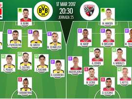 Alineaciones oficiales del Borussia Dortmund-Ingolstadt, de la jornada 25 de la Bundesliga 16-17. Be