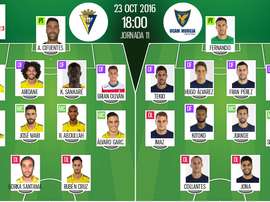 Alineaciones oficiales del Cádiz-UCAM Murcia de la jornada 11 de Segunda División 16-17. BeSoccer