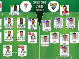 Alineaciones oficiales del Córdoba-Málaga de la ida de dieciseisavos de final de la Copa del Rey 16-17.