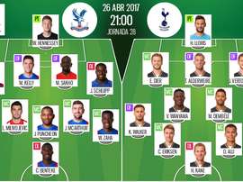 Alineaciones del Crystal Palace-Tottenham de la jornada 28 de la Premier League 16-17. BeSoccer