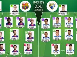 Escalações de Barcelona e Málaga, respetivamente. BeSoccer