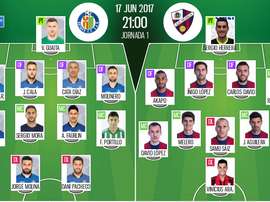 Alineaciones oficiales del Getafe-Huesca delos 'play offs' de Segunda 2016-17. BS