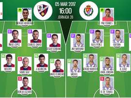 Alineaciones oficiales del Huesca-Valladolid de la jornada 28 de Segunda División 2016-17. BeSoccer