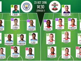 Alineaciones oficiales del City-Southampton correspondiente a la jornada 9 de Premier. BeSoccer