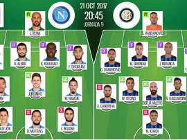 Escalações oficiais de Napoli e Inter de Milão. BeSoccer