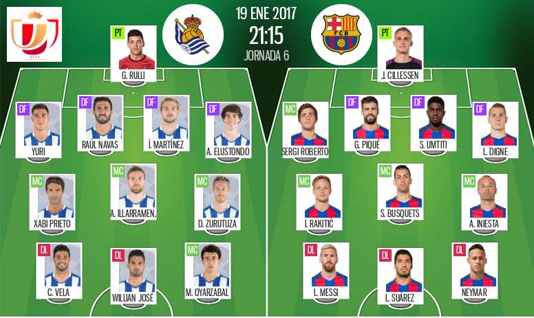 Alineaciones oficiales del Real Sociedad-Barcelona de la ida de los cuartos de la Copa del Rey. BeSoccer