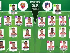 As escalações de Roma e Atl. Madrid, respetivamente, para este jogo da Champions. BeSoccer