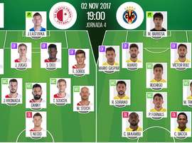 Alineaciones oficiales del Slavia-Villarreal de la jornada 4 de la Europa League 2017-18. BS