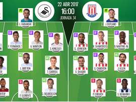 Alineaciones oficiales del Swansea-Stoke correspondiente a la jornada 34 de Premier League 2016-17.